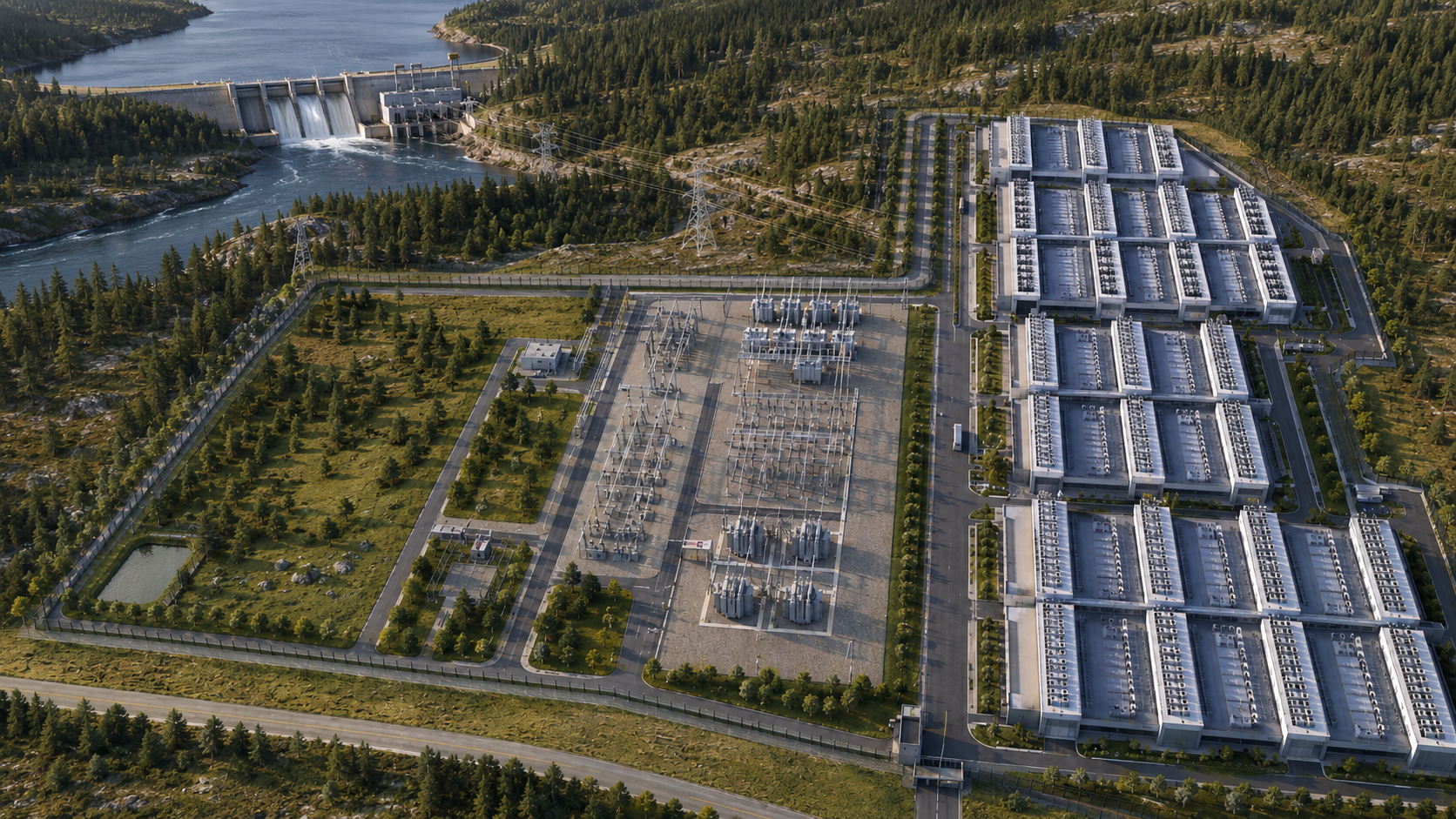 Sovereign Shield Energy Compute Campus aerial view with hydroelectric dam