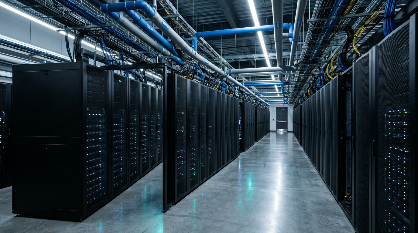 Illustrative data hall with liquid-cooled racks