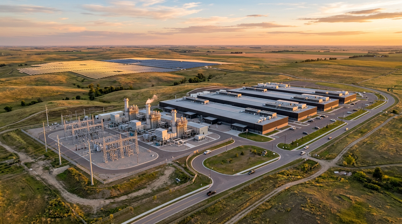 Aerial view of an energy-integrated data center campus with on-site generation and a substation at golden hour
