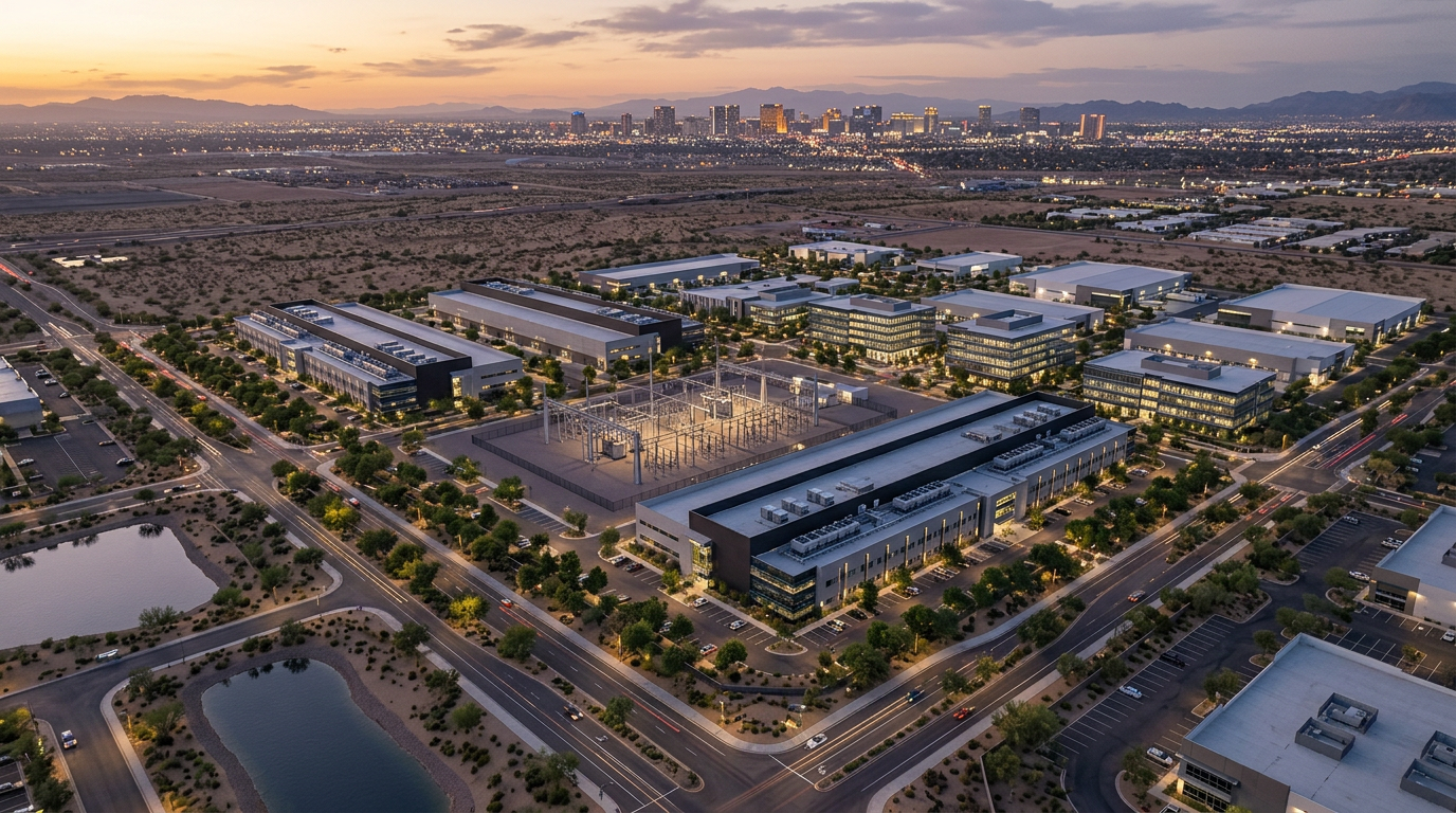 Concept rendering of a planned mixed-use compute district with data center buildings around a central substation at dusk