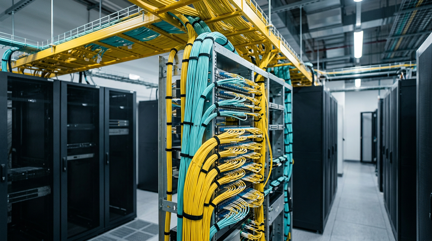 Fiber distribution frames and yellow fiber cabling in a meet-me room