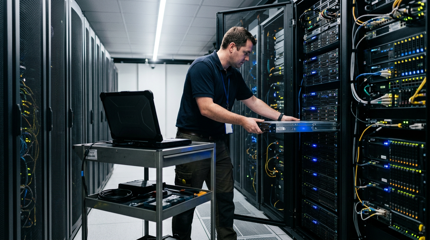 Technician servicing a server in a data center aisle