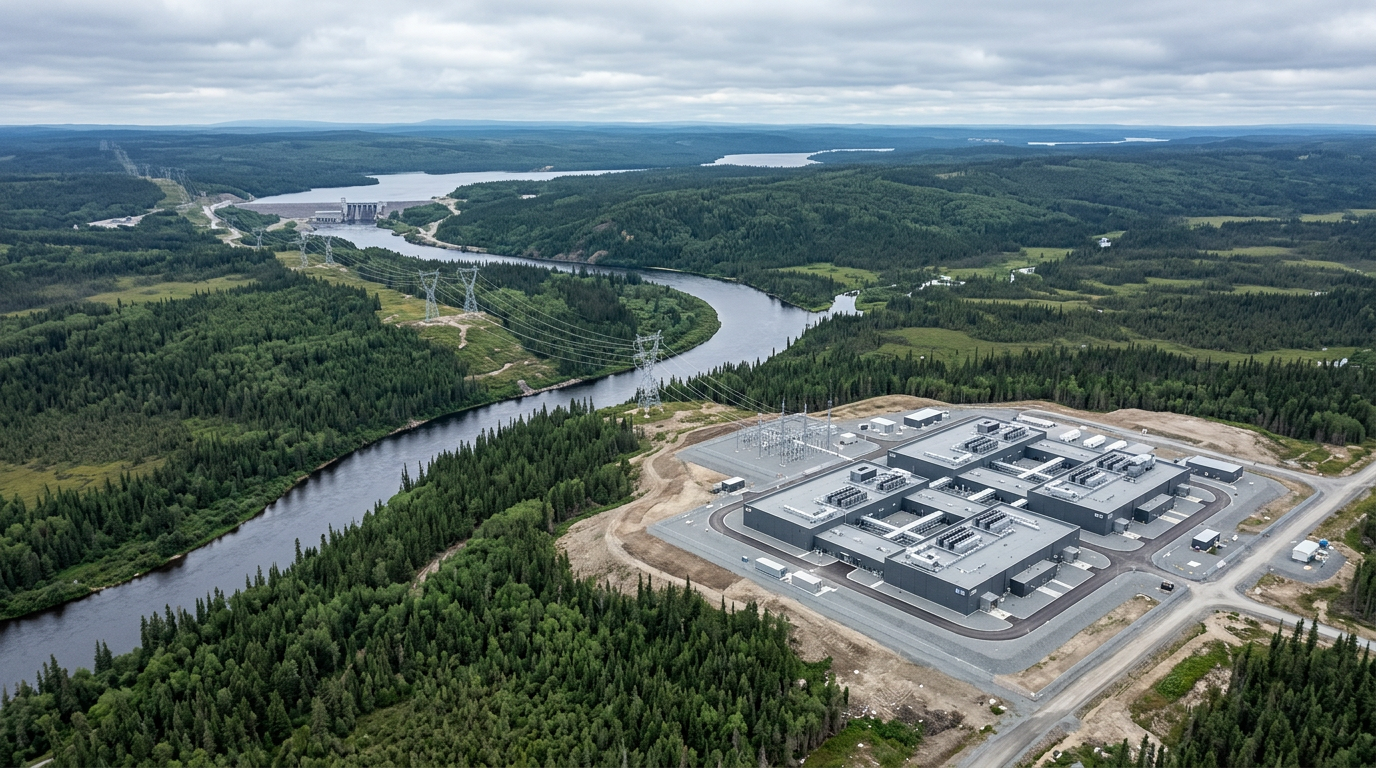 Aerial view of boreal forest and a river with hydroelectric transmission lines leading to a data center site